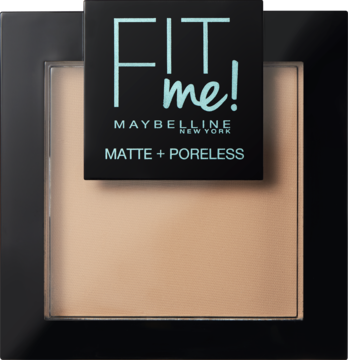 Maybelline Fit Me! Matte + Poreless, matujący puder prasowany w otwartym czarnym kompakcie, jasnobeżowy kolor.