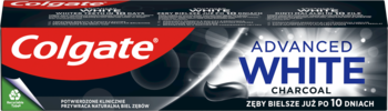 Colgate Advanced White Charcoal pasta do zębów, czarna tubka z czerwonym logo i bąbelkami, widok z przodu.