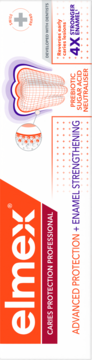 Front opakowania Elmex Caries Protection Professional, pomarańczowo-białe, podkreślające neutralizator kwasów cukrowych i 4x mocniejsze szkliwo.