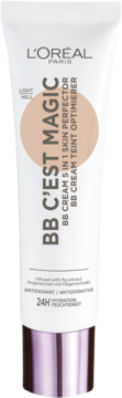 Biała tubka L'Oréal Paris BB C'est Magic BB Cream 5w1 korektor, z beżową próbką i fioletową nakrętką, widok z przodu.