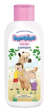 Biała butelka szamponu Bambino DZIECIAKI, widok z przodu. Kolorowa etykieta z dwoma chłopcami i alpaką, różowa nakrętka.