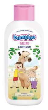 Biała butelka szamponu Bambino DZIECIAKI, widok z przodu. Kolorowa etykieta z dwoma chłopcami i alpaką, różowa nakrętka.