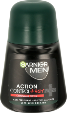 Czarny roll-on Garnier Men Action Control+96h, antyperspirant z zieloną nakrętką, widok z przodu butelki.