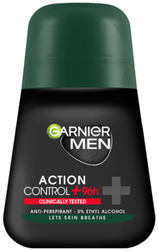 Garnier Men Action Control 96h, antyperspirant w czarnej butelce z zieloną zakrętką, bez alkoholu, widok przód.