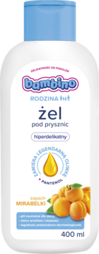 Bambino Rodzina hiperdelikatny żel pod prysznic o zapachu mirabelki, biała butelka 400ml, widok z przodu.