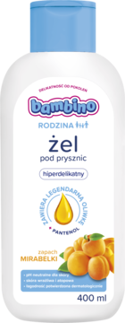 Bambino Rodzina hiperdelikatny żel pod prysznic o zapachu mirabelki, biała butelka 400ml, widok z przodu.