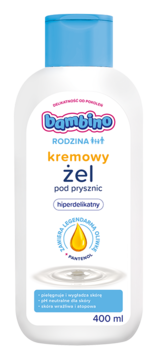 Biała butelka Bambino Rodzina kremowy żel pod prysznic 400 ml, hiperdelikatny, z niebieską nakrętką.