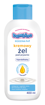 Biała butelka Bambino Rodzina kremowy żel pod prysznic 400 ml, hiperdelikatny, z niebieską nakrętką.