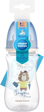 Butelka antykolkowa Canpol babies 240ml, przezroczysta, z nadrukiem misia 'Bonjour Paris', silikonowy smoczek, widok z przodu.