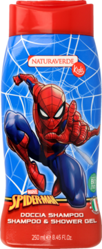 Niebieska butelka szamponu i żelu Naturaverde Kids Spider-Man, z grafiką Człowieka-Pająka na przodzie.