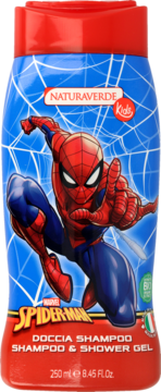 Niebieska butelka szamponu i żelu Naturaverde Kids Spider-Man, z grafiką Człowieka-Pająka na przodzie.