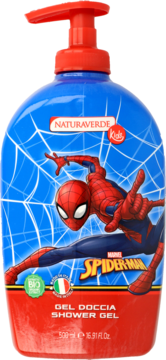 Żel pod prysznic Naturaverde Kids Spider-Man w niebieskiej butelce z czerwoną pompką i grafiką Spider-Mana, widok z przodu.
