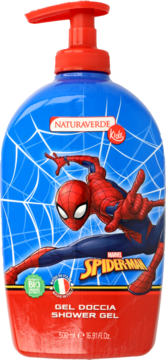 Żel pod prysznic Naturaverde Kids Spider-Man w niebieskiej butelce z czerwoną pompką i grafiką Spider-Mana, widok z przodu.