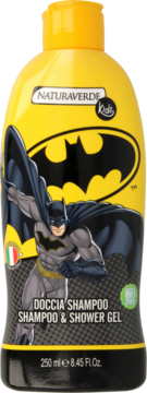 Żółta butelka szamponu i żelu Naturaverde Kids Batman 250ml, widok z przodu, duży symbol Batmana.