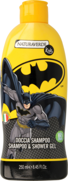 Żółta butelka szamponu i żelu Naturaverde Kids Batman 250ml, widok z przodu, duży symbol Batmana.