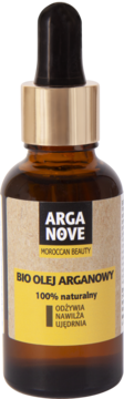ARGANOVE Bio Olej Arganowy w szklanej butelce z pipetą, 100% naturalny, z beżowo-żółtą etykietą, widok z przodu.