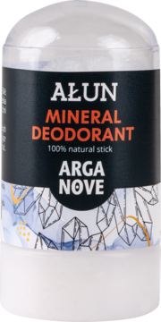 Ałun Mineral Deodorant w białym sztyfcie, 100% naturalny, czarna etykieta z kryształowym wzorem, widok z przodu.