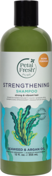 Szampon Petal Fresh Pure Strengthening z algami i olejem arganowym w zielonej butelce, widok z przodu.