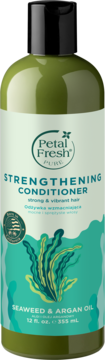 Petal Fresh Pure wzmacniająca odżywka Seaweed & Argan Oil, zielona butelka z czarnym korkiem, przód.