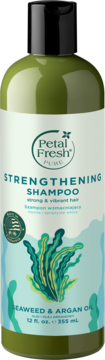 Petal Fresh PURE Wzmacniający Szampon Seaweed & Argan Oil w zielonej butelce 355ml, z grafiką alg morskich, przód.
