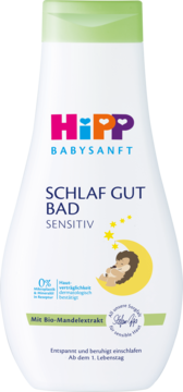HiPP Babysanft Schlaf Gut Bad Sensitiv, biała butelka z zieloną nakrętką, jeż na księżycu, z Bio-Mandelxtrakt.