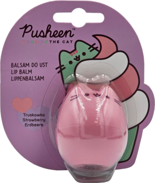 Balsam do ust Pusheen Strawberry 3D, różowy, w kształcie kotka, w fioletowym blistrze z ilustracją Pusheen.