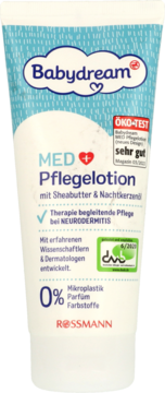 Biała tubka Babydream MED Pflegelotion 200ml, do skóry atopowej, bez mikroplastiku, widok z przodu.