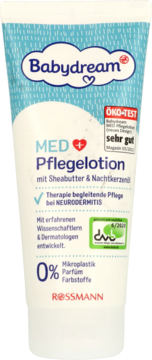 Biała tubka Babydream MED Pflegelotion 200ml, do skóry atopowej, bez mikroplastiku, widok z przodu.