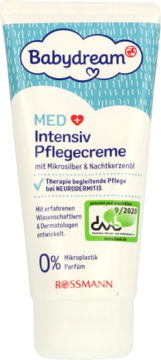 Biała tubka kremu Babydream MED Intensiv Pflegecreme z mikrosrebrem, logo i niebieskim wzorem chmur, widok z przodu.