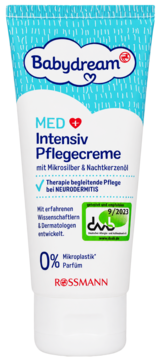 Babydream MED Intensiv Pflegecreme 75ml w białej tubce z niebieskim wzorem, widok z przodu. 0% mikroplastiku, do skóry z AZS.
