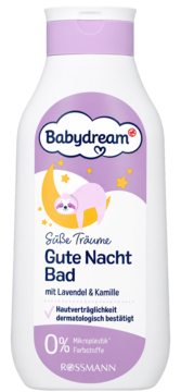 Babydream płyn do kąpieli na dobranoc, biała butelka z fioletową zakrętką, front butelki z leniwcem na księżycu.