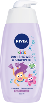 Fioletowy NIVEA Kids 2w1 szampon 500ml z pompką, widok z przodu, z syrenką, Sparkle berry scent.
