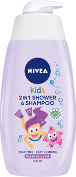 Fioletowy NIVEA Kids 2w1 szampon 500ml z pompką, widok z przodu, z syrenką, Sparkle berry scent.