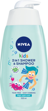 Nivea Kids 2w1 szampon i żel 500ml, błękitna butelka z chłopcem i krabem, zapach jabłka, widok z przodu.