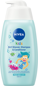 NIVEA KIDS 3w1 żel, szampon i odżywka, jasnoniebieska butelka 500ml z pompką, Magic Apple Scent.