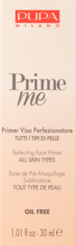 PUPA Prime me Perfecting Face Primer, beżowe pudełko, widok z przodu, Oil Free, dla każdego typu skóry.