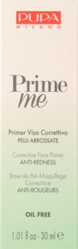 Opakowanie PUPA Prime Me, korygujący primer do twarzy anti-redness, beżowo-zielone, widok z przodu.