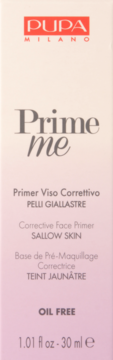 PUPA Milano Prime me korekcyjny primer do cery żółtej, białe pudełko, widok z przodu, Oil Free, 30ml.