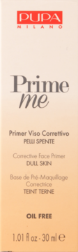 Beżowo-pomarańczowy kartonik PUPA Prime me Corrective Face Primer 30ml, do cery matowej, widok z przodu.