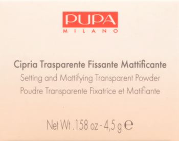 PUPA Milano matujący puder transparentny w jasnym pudełku, z przodu logo i nazwa produktu.