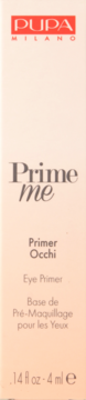 Pupa Milano Prime Me Eye Primer w pionowym, brzoskwiniowym kartoniku, widok z przodu, pojemność 4ml.
