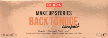 PUPA MILANO MAKE UP STORIES BACK TO NUDE compact: paleta 7 cieni Multi Finish w różowo-złotym pudełku.
