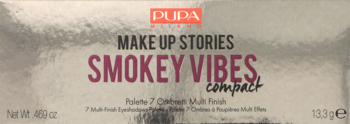PUPA Smokey Vibes eyeshadow palette, srebrne opakowanie z różowym napisem, widok z przodu. Paleta 7 cieni.