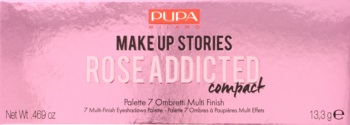 Różowe, błyszczące pudełko Pupa Milano Rose Addicted kompaktowej paletki 7 cieni Multi Finish, przód.