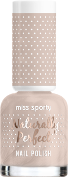 Lakier Miss Sporty Naturally Perfect, beżowy, z nakrętką w białe kropki, widok z przodu.