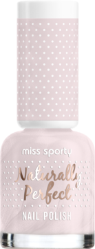 Miss Sporty Naturally Perfect Nail Polish w jasnoróżowej butelce z nakrętką w białe kropki.