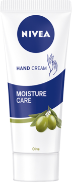 Nawilżający krem do rąk Nivea Moisture Care Olive w białej tubce, niebieskie logo, widok z przodu.