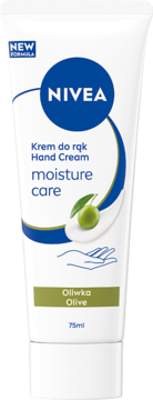 NIVEA Krem do rąk Moisture Care, biała tubka 75ml z oliwką, niebieskie logo, grafika dłoni i oliwki, przód.