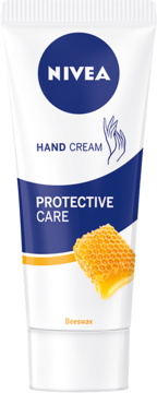 Biała tubka kremu do rąk NIVEA Protective Care z niebieskim pasem i żółtym plastrem miodu. Widok z przodu.