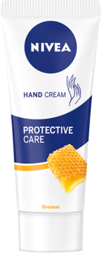 Biała tubka kremu do rąk NIVEA Protective Care z niebieskim pasem i żółtym plastrem miodu. Widok z przodu.